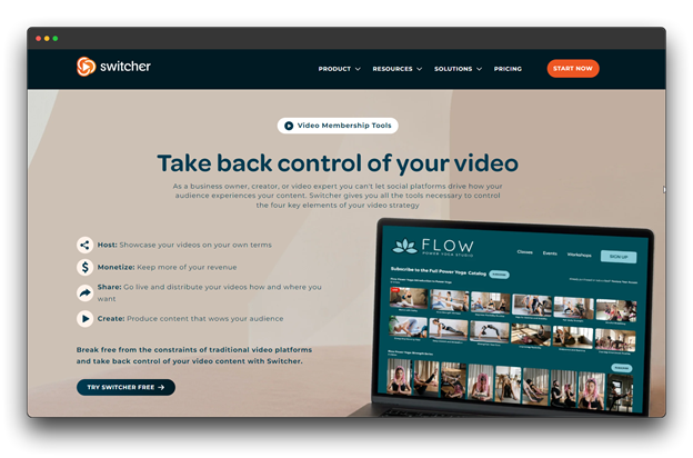 Switcher website homepage. The website promotes a video membership platform that allows users to host and monetize their video content on their own terms. It highlights features like showcasing videos on personal websites, keeping more revenue from monetization, and creating content that resonates with the audience.