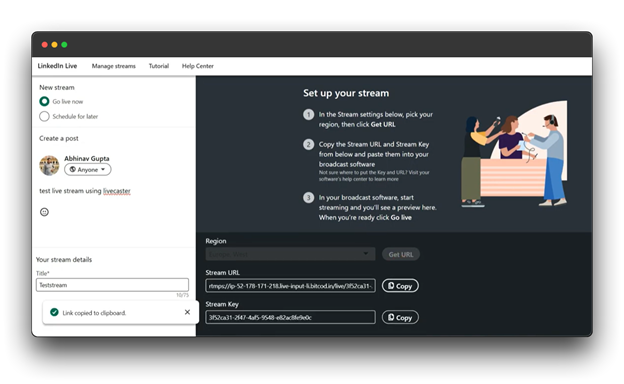 LinkedIn Live stream setup page showing steps to set up a live stream, including choosing a region, copying the Stream Key and URL, and starting the broadcast.
LinkedIn Live: Broadcast your expertise to a global audience.
Live on LinkedIn: Engage with your network in real-time.
How to go Live on LinkedIn: Learn how to share your knowledge and insights through live video.