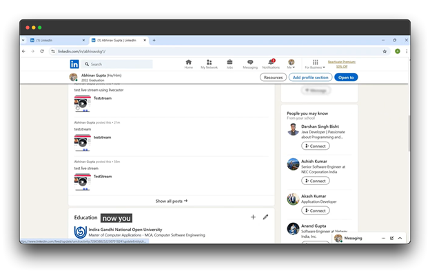 LinkedIn profile page showing live stream posts.
LinkedIn Live: Broadcast your expertise to a global audience.
Live on LinkedIn: Engage with your network in real-time.
How to go Live on LinkedIn: Learn how to share your knowledge and insights through live video.