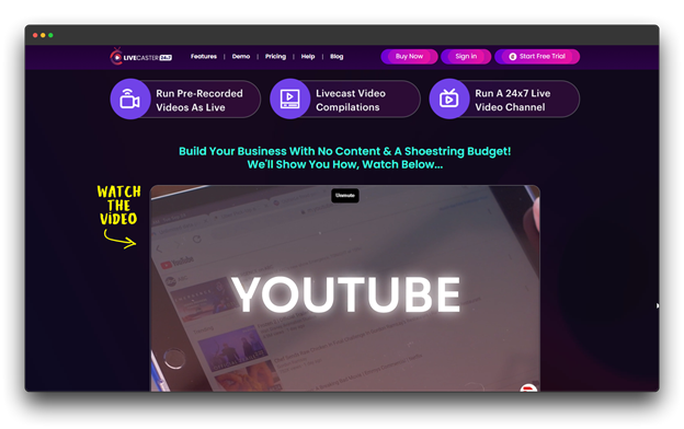 A screenshot of the LiveCaster 24-7 desktop application, focusing on the automation of continuous video broadcasts. This tool is purpose-built to run a pre-recorded live stream 24/7 on Facebook and YouTube. It simplifies the management of a recorded live stream on a budget, making it a practical live stream for beginners software for increasing organic reach.
