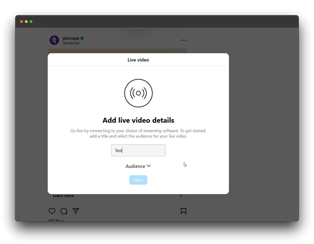 A screenshot of the Instagram app showing the "Live Video" screen. The user is prompted to add details for their live video, including a title and audience selection.