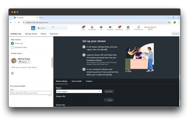 LinkedIn Live stream setup page.
LinkedIn Live: Broadcast your expertise to a global audience.
Live on LinkedIn: Engage with your network in real-time.
How to go Live on LinkedIn: Learn how to share your knowledge and insights through live video.