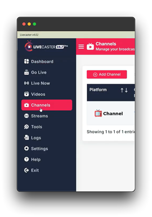 A screenshot of the LiveCaster platform, displaying the "Channels" page. The user can manage their broadcasts, add new channels, and view existing channels. Keywords: live Restream, Live with Restream, How to Go Live with Restream.