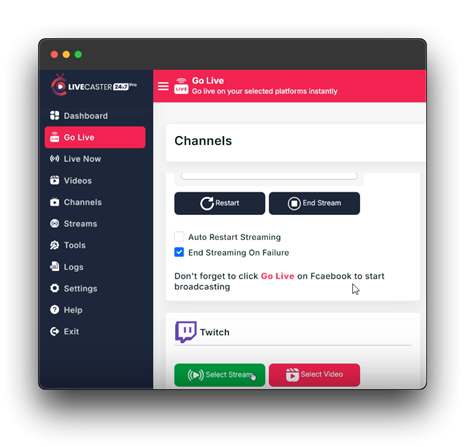 LiveCaster dashboard, showing the "Go Live" section. This section allows users to start streaming to multiple platforms simultaneously, including Twitch. The dashboard also provides options for auto-restart streaming, ending streams, and selecting the desired stream and video sources.