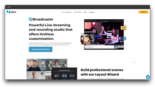 A screenshot of the XSplit Broadcaster website, highlighting a powerful Live Streaming and recording studio with limitless customization. Creators can use this software to power major events in gaming and esports by mixing live feeds with high-quality pre-recorded videos via Automated Live Streaming workflows.