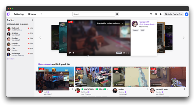 The featured stream is "A Life a Strange Quest" with 732 viewers. Other recommended channels are displayed below, including "MARATHON 2 DAY 41" and "back at it again." This image provides a visual representation of the Twitch platform and its diverse content with Twitch Streaming