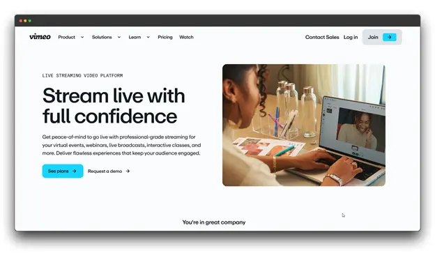 A screenshot of the Vimeo Live Streaming platform, emphasizing professional-grade streaming for virtual events and webinars. The service enables users to deliver flawless experiences by combining live interactions with scheduled pre-recorded videos through Automated Live Streaming features.