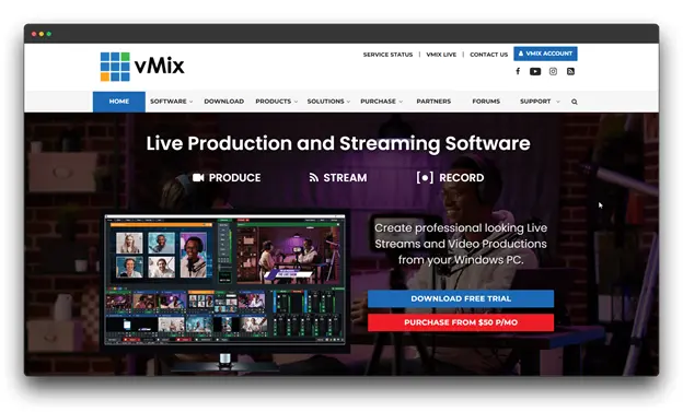 Screenshot of vMix dashboard, a professional Software to Live Stream for Windows, showing multi-camera switching and audio mixing Tools for Content Creators. Software to Live Stream ; Best Software to Live Stream; Tools for Content Creators; Live Streaming Software