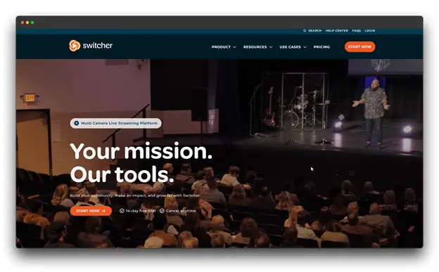 A screenshot of the Switcher Studio website, a multi-camera Live Streaming platform designed for community impact. The tool allows creators to build professional broadcasts by integrating multiple camera angles with pre-recorded videos for a seamless Automated Live Streaming experience.
