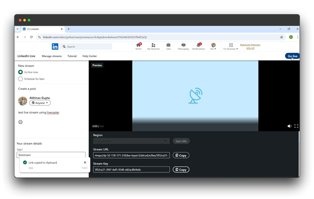 LinkedIn Live stream preview screen.
LinkedIn Live: Broadcast your expertise to a global audience.
Live on LinkedIn: Engage with your network in real-time.
How to go Live on LinkedIn: Learn how to share your knowledge and insights through live video.