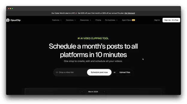Homepage screenshot of OpusClip, an "AI Video Clipping Tool," with the headline "Schedule a month's posts to all platforms in 10 minutes," positioning it as a fast Online Video Scheduling Software and editing solution.
Keywords used: "Online Video Scheduling Software: Video Scheduling Software: Scheduling Software"