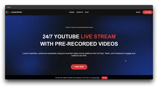 A screenshot of the Looping Stream website featuring the headline "24/7 YouTube Live Streaming with pre-recorded videos." The platform is dedicated to Automated Live Streaming, allowing creators to launch continuous broadcasts on YouTube, Twitch, and Facebook to engage audiences at any time.