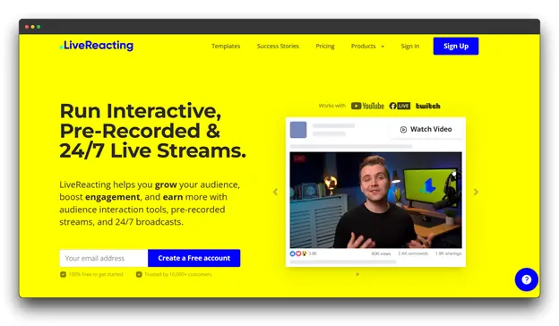 Screenshot of the LiveReacting interactive streaming dashboard, featuring AI hosts and engagement templates like quizzes and polls. The platform is designed to turn a pre-recorded live stream into an interactive experience. It offers a simplified setup, making it a powerful live stream for beginners tool for those looking to increase viewer engagement through a recorded live stream.