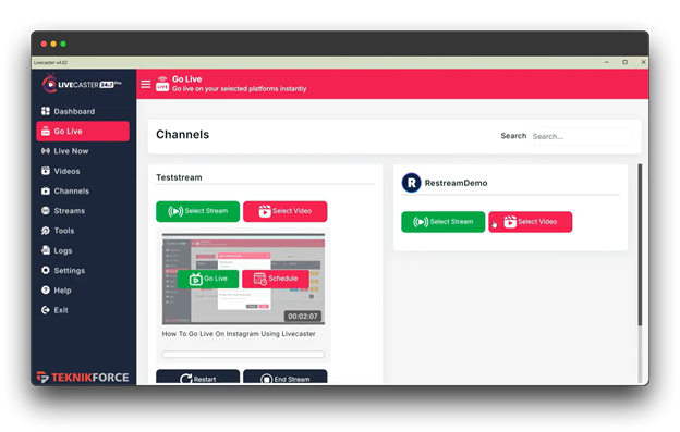A screenshot of the LiveCaster platform, displaying a list of broadcast channels. The user can manage, edit, or delete channels for live streaming on platforms like Restream. Keywords: live Restream, Live with Restream, How to Go Live with Restream.