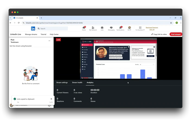 LinkedIn Live stream preview screen showing live video feed with analytics.
LinkedIn Live: Broadcast your expertise to a global audience.
Live on LinkedIn: Engage with your network in real-time.
How to go Live on LinkedIn: Learn how to share your knowledge and insights through live video.