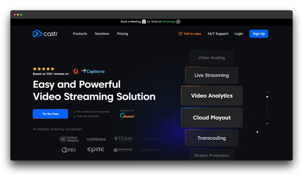 A screenshot of the Castr homepage, showcasing their "Easy and Powerful Video Streaming Solution." The interface highlights features such as Cloud Playout and Video Analytics, which are essential for managing Automated Live Streaming and scheduling pre-recorded videos across various social platforms.