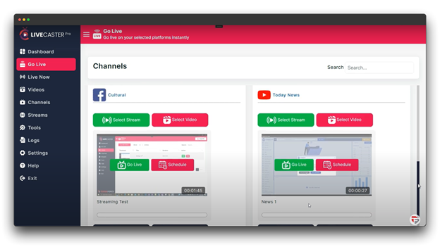 A screenshot of the LiveCaster Pro dashboard, showing two channels: Cultural and Today News. Each channel has a "Go Live" button, a preview of the streaming video, and options to "Select Stream" and "Select Video. live stream on youtube
