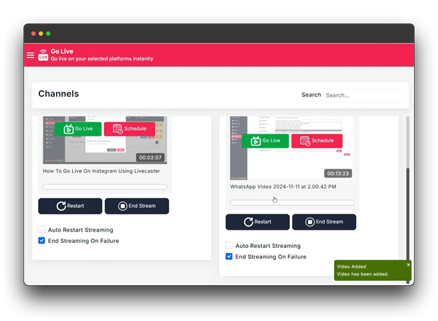 A screenshot of the LiveCaster platform, displaying the "Select Video" modal. The user can select a video thumbnail to use as the preview image for their live stream on Restream. Keywords: live Restream, Live with Restream, How to Go Live with Restream.