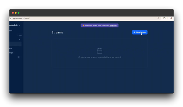 A screenshot of the Restream platform, displaying the "Streams" page. The page has a dark blue background with a prominent "New Stream" button. The user can add, edit, or delete streams from this page. Keywords: live Restream, Live with Restream, How to Go Live with Restream.