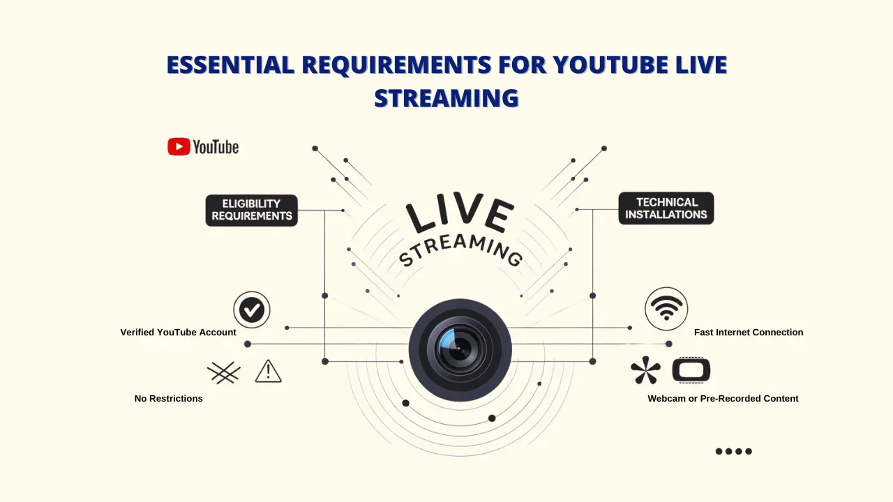 An infographic outlining the essential requirements for live streaming on YouTube. The image includes the YouTube logo, a camera lens, and the text "ELIGIBILITY REQUIREMENTS," "LIVE STREAMING," "TECHNICAL INSTALLATIONS," "Verified YouTube Account," "No Restrictions," "Fast Internet Connection," and "Webcam or Pre-Recorded Content." Keywords: Live Stream a Video on YouTube, YouTube Live Stream, Requirements, Verified Account, Internet Connection, Webcam, Pre-Recorded Content
