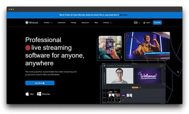 Wirecast interface displaying high-end production layers and broadcast presets; recognized as the Best Software to Live Stream for TV-style productions. Software to Live Stream ; Best Software to Live Stream; Tools for Content Creators; Live Streaming Software