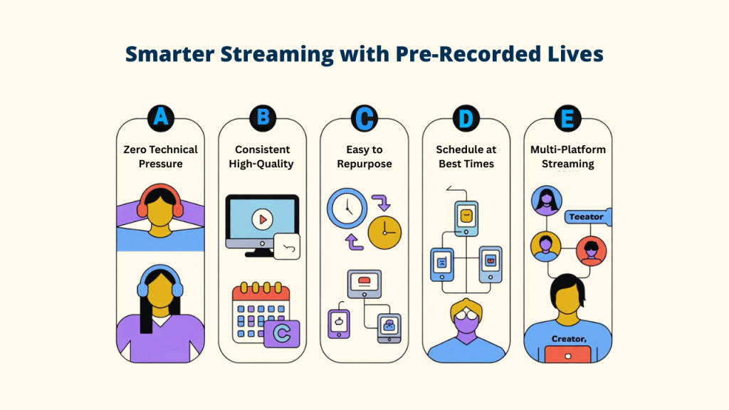 An infographic titled "Smarter Streaming with Pre-Recorded Lives" explaining five core benefits, such as zero technical pressure and multi-platform reach, for any recorded live stream intended as a live stream for beginners. Pre-recorded Live Stream; Recorded Live Stream; Live Stream for Beginners