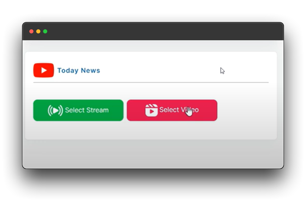 A screenshot of a web browser window showing the "Today News" channel on a streaming platform. The user interface includes a YouTube logo, buttons to "Select Stream" and "Select Video," and a sound volume icon.Live Stream a Video