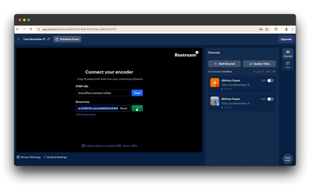 A screenshot of the LiveCaster platform, displaying the "Channels" page. The user can manage their broadcasts, add new channels, and view existing channels. Keywords: live Restream, Live with Restream, How to Go Live with Restream.