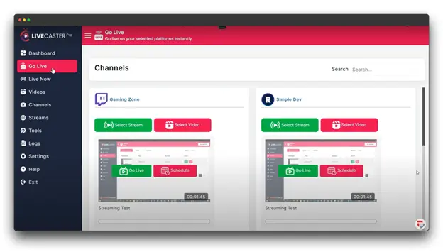 A screenshot of the LiveCaster Pro dashboard, showing two channels: Gaming Zone and Simple Dev. Each channel has a "Go Live" button and a preview of the streaming video.Live Stream a Video on YouTube