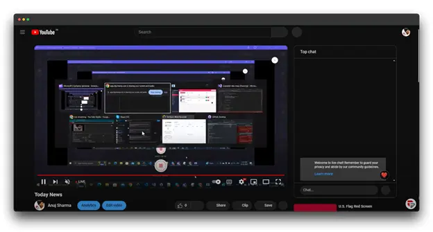 A screenshot of a YouTube live stream. The video shows a person's computer screen with multiple windows open, including a web browser, a code editor, and a chat window. The live stream is titled "Today News" and is being hosted by Ang Sharma.