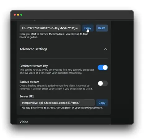 A screenshot of the Facebook Live advanced settings. It shows the stream key, which is a unique identifier for the live broadcast. The user can also enable a persistent stream key for multiple broadcasts and a backup stream for redundancy. The server URL is also provided for connecting streaming software.