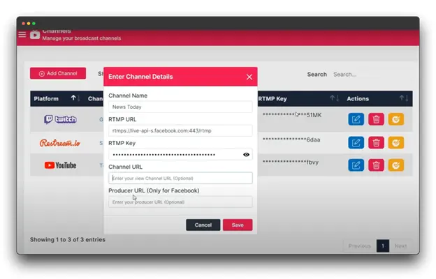 A screenshot of a live streaming software interface, possibly LiveCaster Pro. The user is adding a new broadcast channel for Facebook Live. The interface shows fields for entering the channel name, RTMP URL, RTMP key, and producer URL, which are specific requirements for Facebook Live streaming.