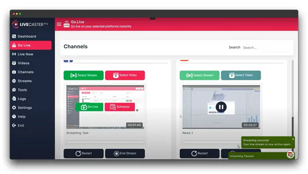 A screenshot of the LiveCaster Pro dashboard, showing two channels: Streaming Test and News 1. Each channel has a "Go Live" button, a preview of the streaming video (one paused and one playing), and buttons to "Restart" and "End Stream." The "News 1" channel also shows a notification that the stream has been resumed.