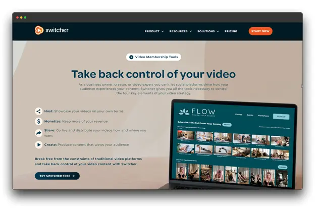 Switcher website homepage. The website promotes a video membership platform that allows users to host and monetize their video content on their own terms. It highlights features like showcasing videos on personal websites, keeping more revenue from monetization, and creating content that resonates with the audience. 