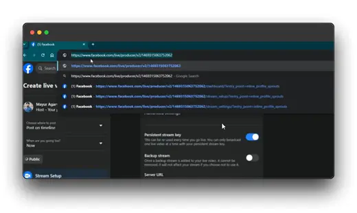 A screenshot of a browser window showing multiple Facebook Live stream keys. The user, Mayur Agarwal, is in the process of creating a live video using streaming software. The page provides options to select a stream key, complete post details, and choose where to post the live video. The user can also enable a persistent stream key and a backup stream for redundancy.