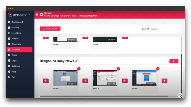 A screenshot of the LiveCaster Pro dashboard, showing the "Streams" section. The user interface includes a search bar, a button to "Add Stream," and a list of streams. The selected stream is "Bengaluru Daily News, for youtube live streaming 