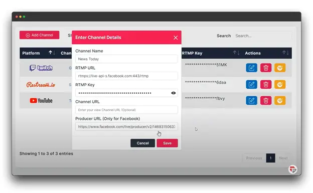 A screenshot of a live streaming software interface, possibly LiveCaster Pro. The user is adding a new broadcast channel for Facebook Live. The interface shows fields for entering the channel name, RTMP URL, RTMP key, and producer URL, which are specific requirements for Facebook Live streaming.