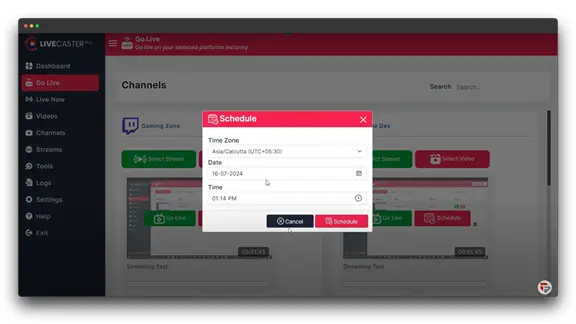 A screenshot of the LiveCaster Pro dashboard, showing the "Channels" section with two channels: Gaming Zone and Simple Dev. A pop-up window is open, titled "Schedule," where the user can set the time zone, date, and time for a scheduled Youtube stream