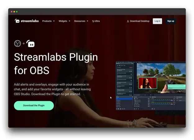 Streamlabs website homepage. The website promotes a plugin for OBS Studio that allows users to add alerts, overlays, and widgets to their live streams without leaving the software. The homepage includes a large "Download the Plugin" button and a preview of the plugin's features, showing a screenshot of OBS Studio with Streamlabs elements added.