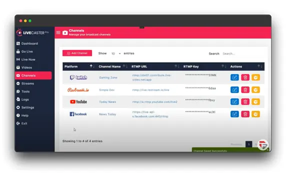 A screenshot of a live streaming software interface, possibly LiveCaster Pro, showing a list of broadcast channels. The user can manage channels for platforms like Twitch, Restream, YouTube, and Facebook Live. The interface displays channel names, RTMP URLs, and RTMP keys for each platform. The user can also edit, delete, and start streaming for each channel.