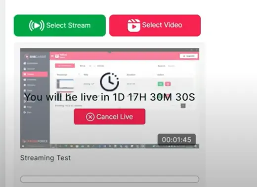 A screenshot of a Youtube  Live streaming platform interface showing a preview of a video titled "Streaming Test." The user interface includes buttons to "Select Stream" and "Select Video," a countdown timer indicating that the stream will start