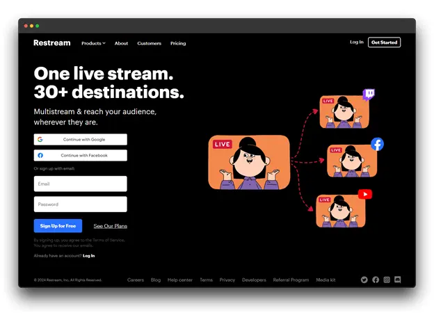 Restream website homepage. The website promotes a multistreaming platform that allows users to broadcast one live stream to multiple social media platforms simultaneously. The homepage includes a large "Get Started" button, a "Sign Up for Free" button, and an illustration of a person streaming to various platforms.