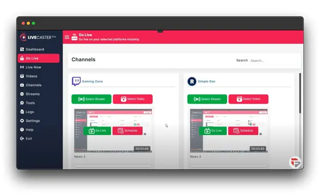 A screenshot of a live streaming software interface, possibly LiveCaster Pro, showing a list of broadcast channels. The user can manage channels for platforms like Twitch, Restream, YouTube, and Facebook Live. The interface displays channel names, RTMP URLs, and RTMP keys for each platform. The user can also edit, delete, and start streaming for each channel.