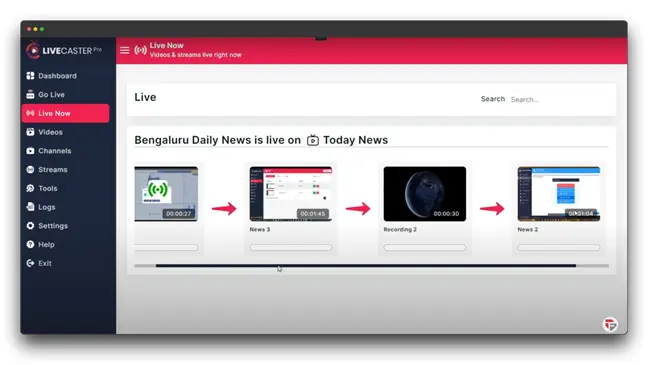 A screenshot of the LiveCaster Pro dashboard showing a live stream of Bengaluru Daily News on the Today News channel. The live stream preview shows multiple video sources connected, including a microphone, a camera, a screen capture, and a video file.