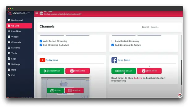 A screenshot of a live streaming software interface, possibly LiveCaster Pro. The user is managing multiple broadcast channels, including one for Facebook Live. The interface shows options to go live, schedule a stream, and select videos for each channel. The user can also enable auto-restart streaming and end streaming on failure.