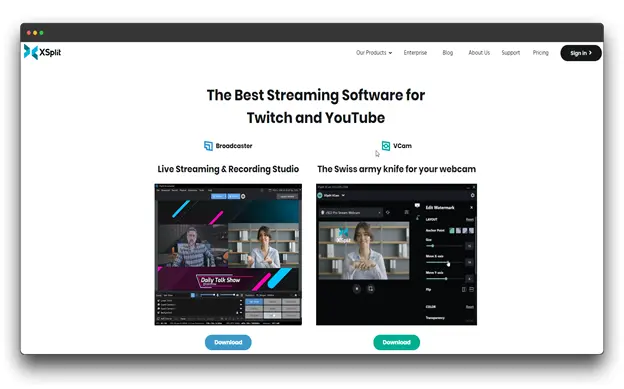 XSplit website homepage. The website promotes itself as the best streaming software for Twitch and YouTube. It highlights two main products: Broadcaster, a live streaming and recording studio, and VCam, a webcam software. The homepage includes screenshots of the products in action, a "Download" button for each, and links to other sections of the website.