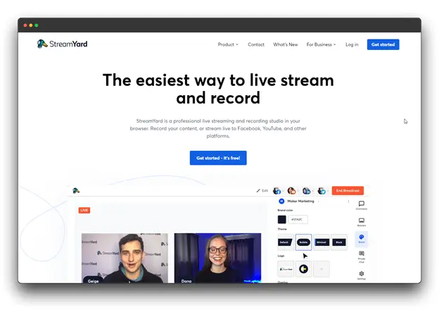 StreamYard website homepage promoting a live streaming and recording studio. The homepage includes a "Get started" button and a screenshot of the software interface showing a person streaming live to Facebook and YouTube.