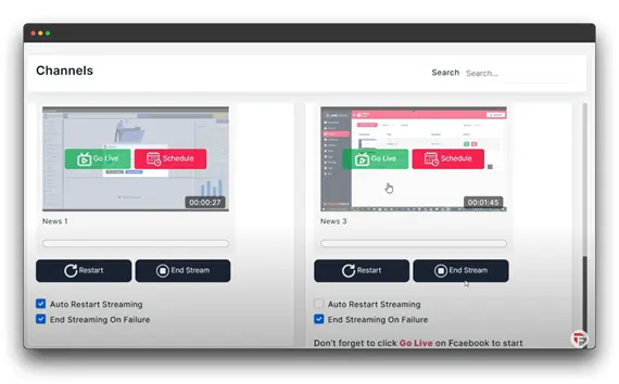 A screenshot of a live streaming software interface, possibly LiveCaster Pro. The user is managing multiple broadcast channels, including one for Facebook Live. The interface shows options to go live, schedule a stream, and select videos for each channel. The user can also enable auto-restart streaming and end streaming on failure.