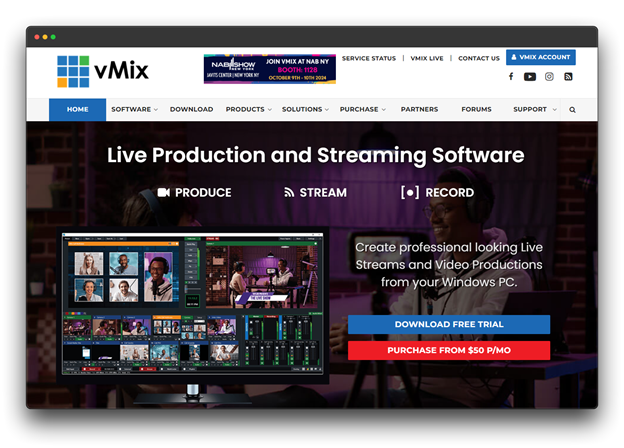 vMix website homepage. The website promotes live production and streaming software for Windows PCs. It highlights features like producing, streaming, and recording live videos. The homepage includes a large "Download Free Trial" button and a "Purchase from $50 p/mo" button.