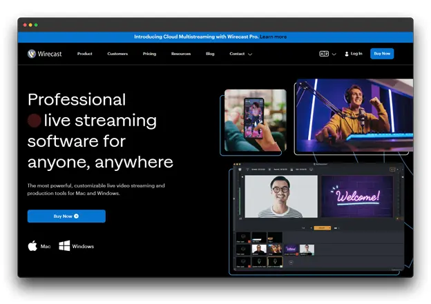 StreamYard website homepage promoting a live streaming and recording studio. The homepage includes a "Get started" button and a screenshot of the software interface showing a person streaming live to Facebook and YouTube.